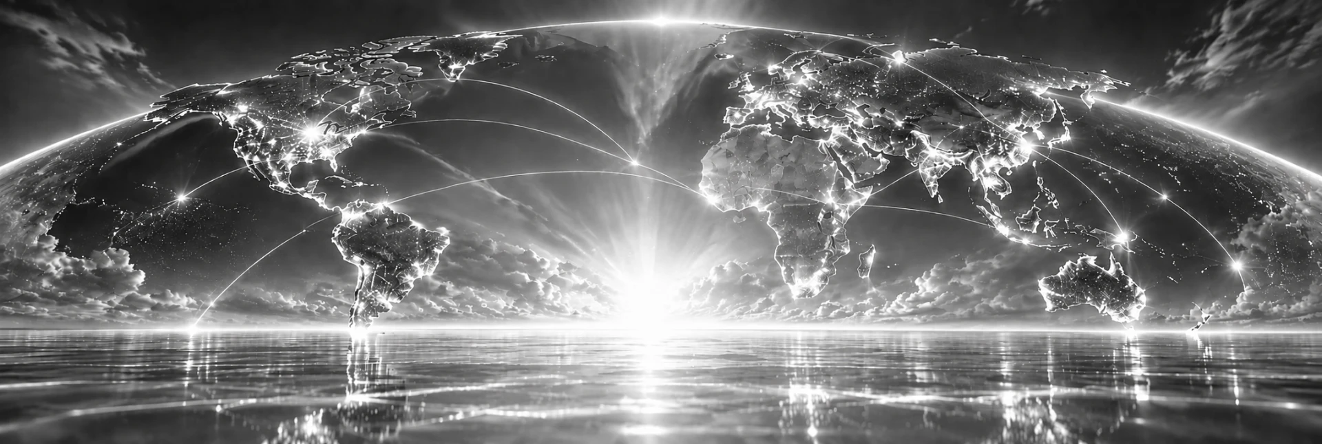 Blue and silver global world map with luminous connections reflected over water